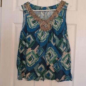 Soft Beaded Bib Ikat Print  Boho Coastal Sleeveless Top Blue Green Tank L or XL